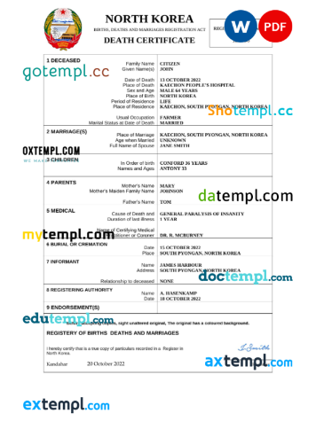editable template, North Korea vital record death certificate Word and PDF template