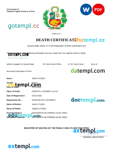 editable template, Peru vital record death certificate Word and PDF template