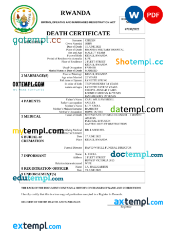 editable template, Rwanda vital record death certificate Word and PDF template