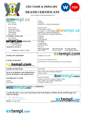 editable template, Sao Tome and Principe vital record death certificate Word and PDF template