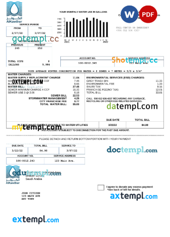 editable template, Saudi Arabia AlKawther utility bill, Word and PDF template