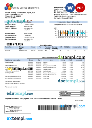 editable template, Saudi Quatro United Energy Co. utility bill, Word and PDF template