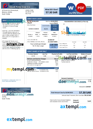 editable template, Saudi Arabia Saudi Petro Gas utility bill, Word and PDF template