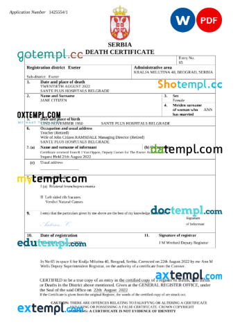 editable template, Serbia death certificate Word and PDF template, completely editable