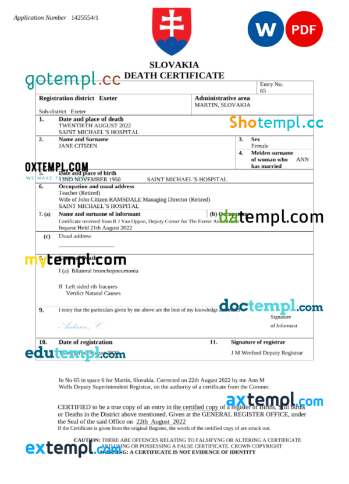 editable template, Slovakia death certificate Word and PDF template, completely editable