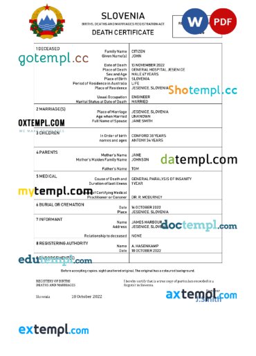 editable template, Slovenia vital record death certificate Word and PDF template