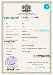 Somalia vital record death certificate PSD template, completely editable