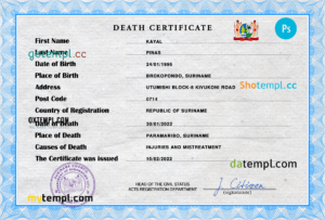 Suriname vital record death certificate PSD template, completely editable