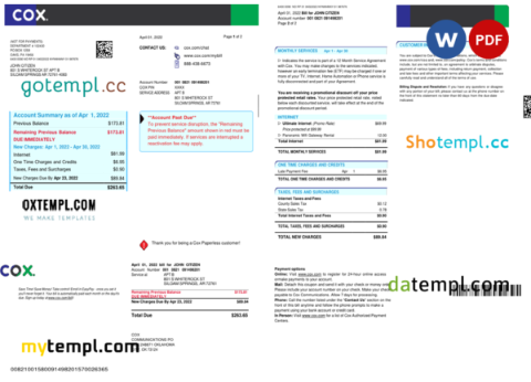 editable template, USA COX digital cable television utility bill, Word and PDF template, 2 pages