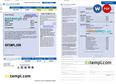 editable template, USA Time Warner Cabel utility bill, Word and PDF template, 3 pages