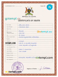 editable template, Uganda vital record death certificate PSD template, fully editable