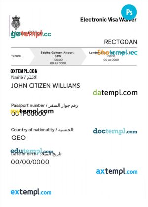 editable template, United Kingdom electronic visa waiver PSD template, fully editable