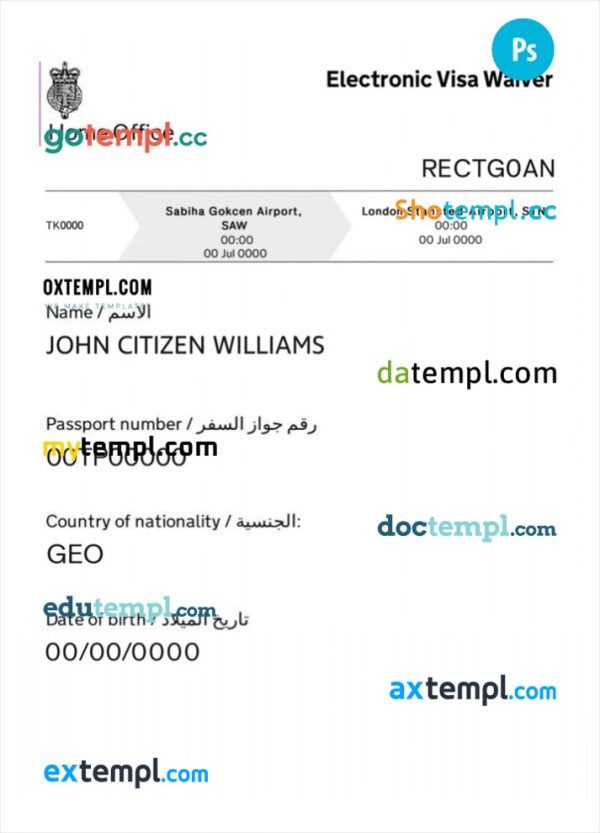 editable template, United Kingdom electronic visa waiver PSD template, fully editable