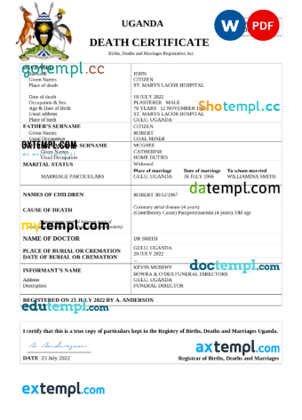 editable template, Uganda vital record death certificate Word and PDF template