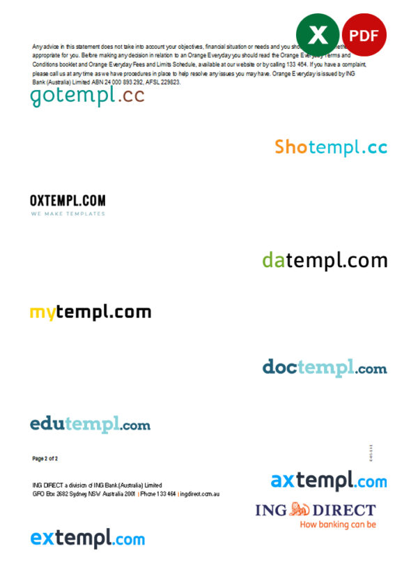 editable template, Australia ING Direct bank statement, Excel and PDF template, 2 pages