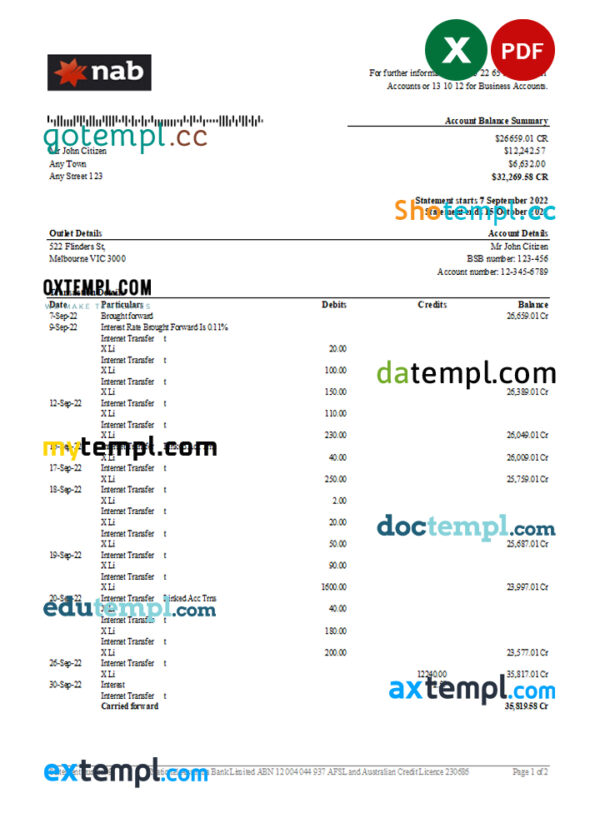 editable template, Australia NAB bank statement, Excel and PDF template, 2 pages