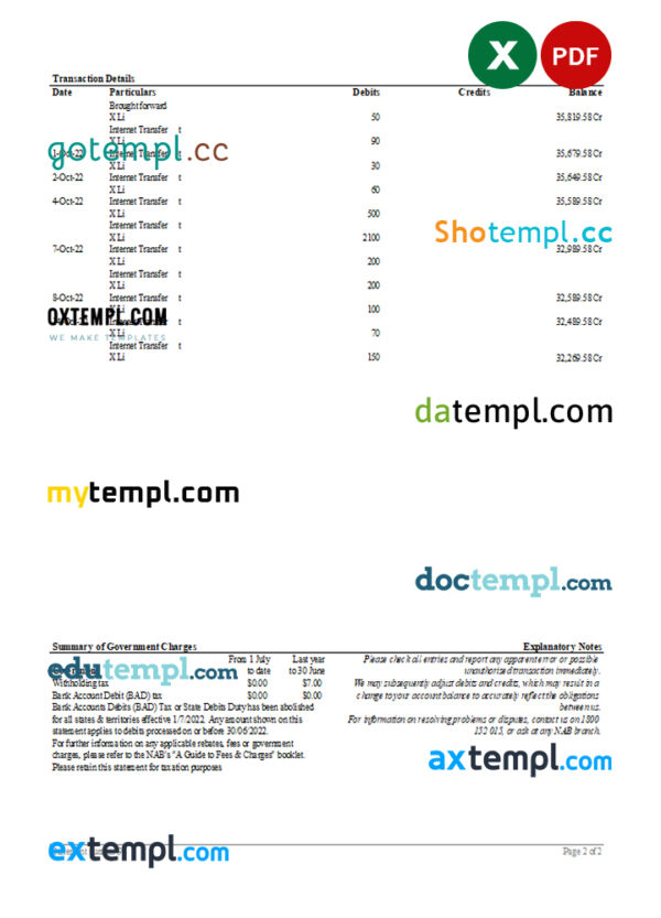 editable template, Australia NAB bank statement, Excel and PDF template, 2 pages
