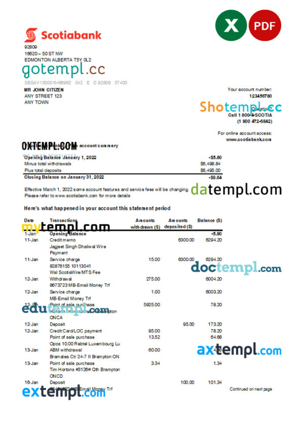 editable template, Australia Scotiabank bank statement, Excel and PDF template, 2 pages
