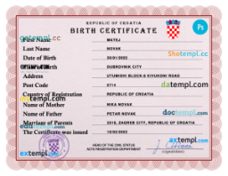 editable template, Croatia vital record birth certificate PSD template