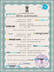 editable template, India vital record birth certificate PSD template