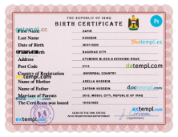 editable template, Iraq vital record birth certificate PSD template, fully editable