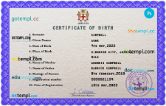editable template, Jamaica vital record birth certificate PSD template, fully editable