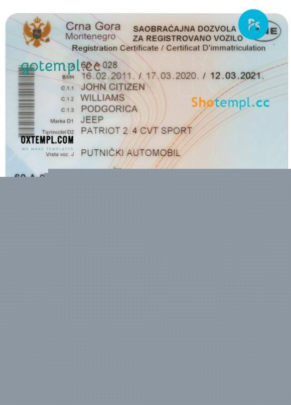 editable template, MONTENEGRO vehicle registration certificate PSD template, completely editable