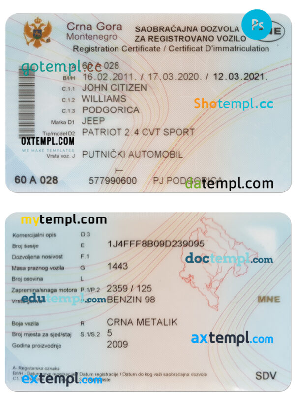 editable template, MONTENEGRO vehicle registration certificate PSD template, completely editable