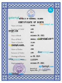 editable template, Marshall Islands vital record birth certificate PSD template, fully editable