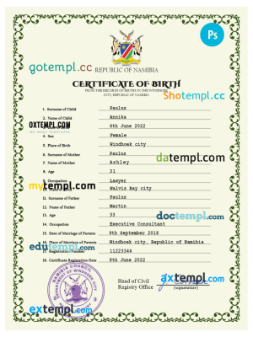 editable template, Namibia vital record birth certificate PSD template, fully editable