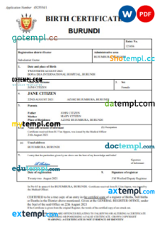 editable template, Burundi vital record birth certificate Word and PDF template, completely editable