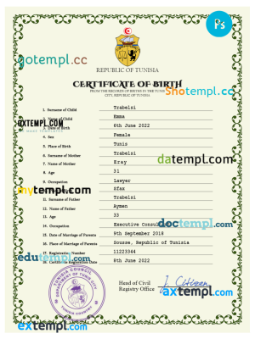 editable template, Tunisia vital record birth certificate PSD template