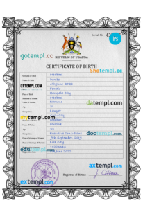 Uganda birth certificate PSD template, completely editable