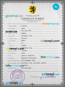 editable template, # horizon universal birth certificate PSD template, fully editable