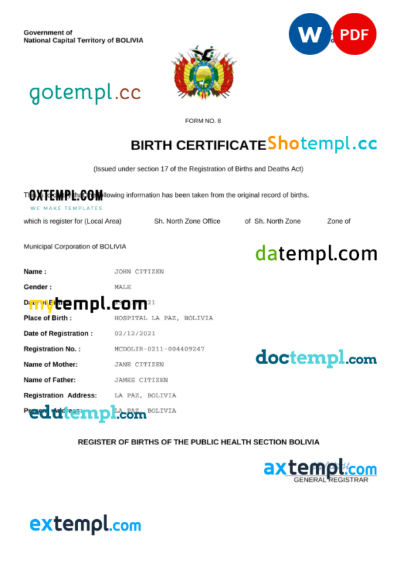 editable template, Bolivia vital record birth certificate Word and PDF template