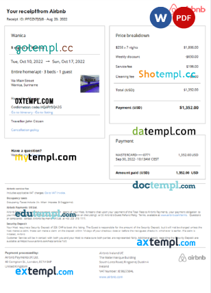 editable template, Suriname Airbnb booking confirmation Word and PDF template