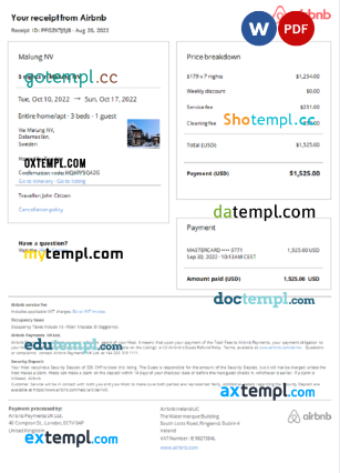editable template, Sweden Airbnb booking confirmation Word and PDF template