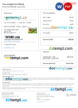 Burundi Airbnb booking confirmation Word and PDF template