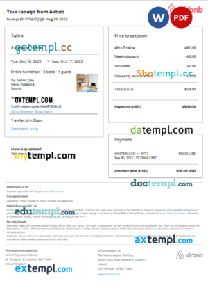 Estonia Airbnb booking confirmation Word and PDF template