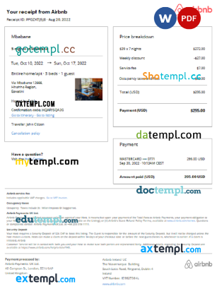 editable template, Eswatini (Swaziland) Airbnb reservation confirmation Word and PDF template
