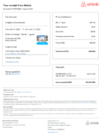 editable template, Gambia Airbnb booking confirmation Word and PDF template