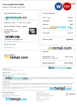 editable template, Honduras Airbnb booking confirmation Word and PDF template