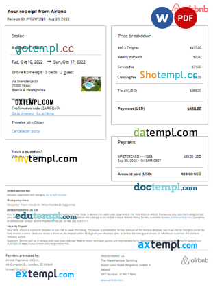 editable template, Bosnia and Herzegovina Airbnb booking confirmation Word and PDF template