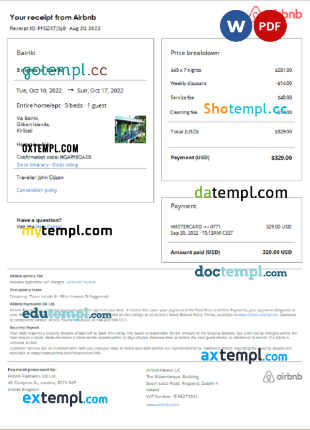 editable template, Kiribati Airbnb booking confirmation Word and PDF template