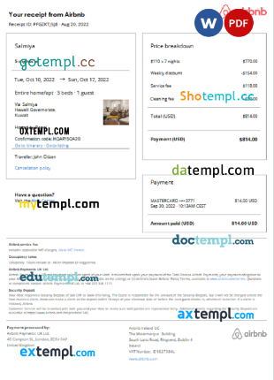 editable template, Kuwait Airbnb booking confirmation Word and PDF template
