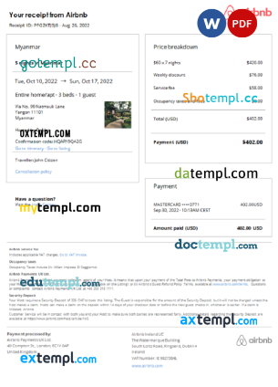 editable template, Myanmar Airbnb booking confirmation Word and PDF template