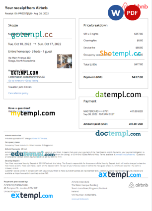 editable template, North Macedonia Airbnb booking confirmation Word and PDF template