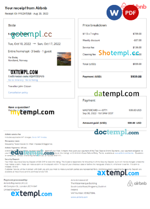 editable template, Norway Airbnb booking confirmation Word and PDF template