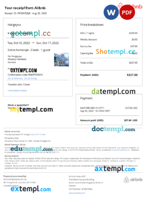 Somalia Airbnb booking confirmation Word and PDF template