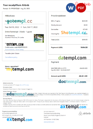 editable template, Sri Lanka Airbnb booking confirmation Word and PDF template